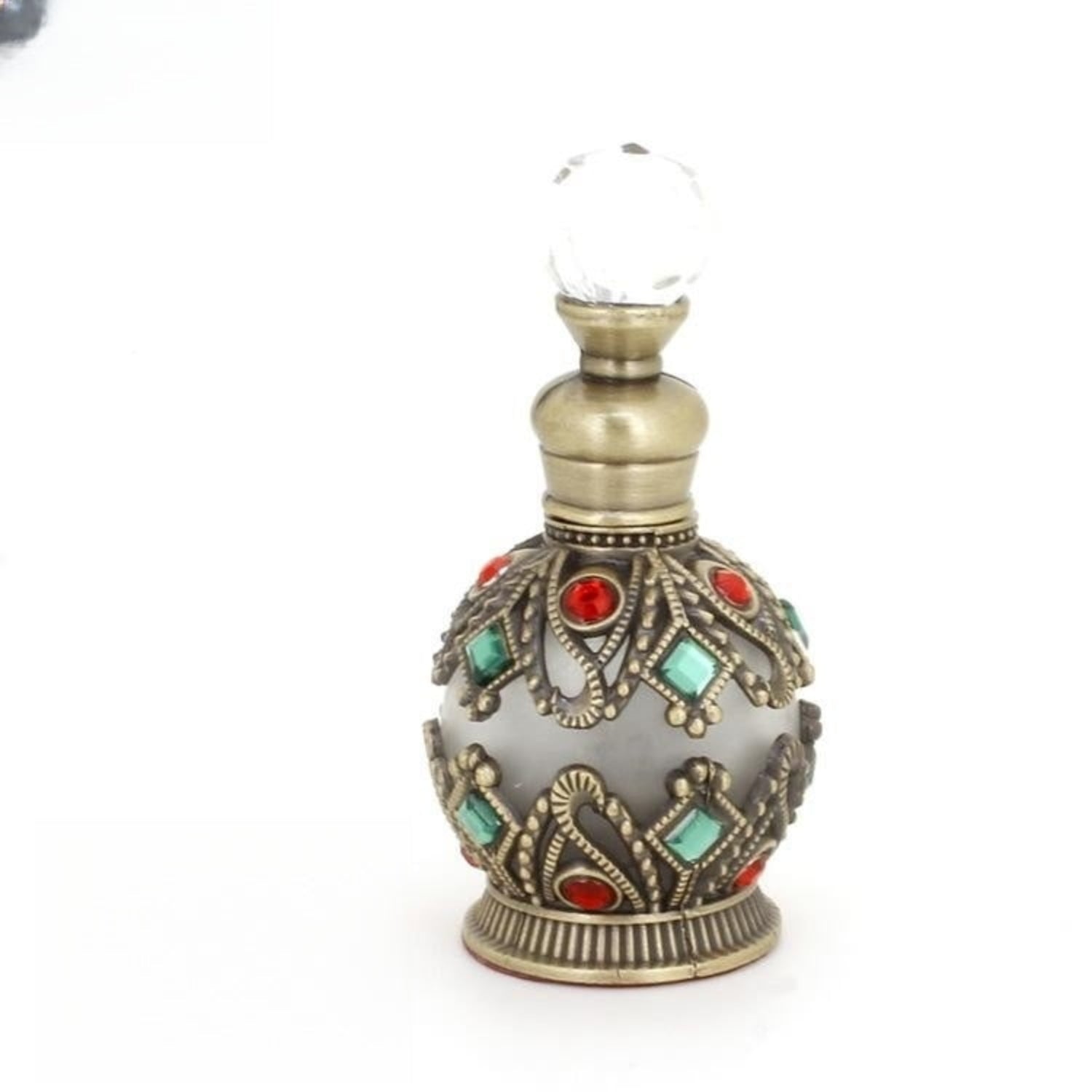 bronze ornate glass bottle on a white background