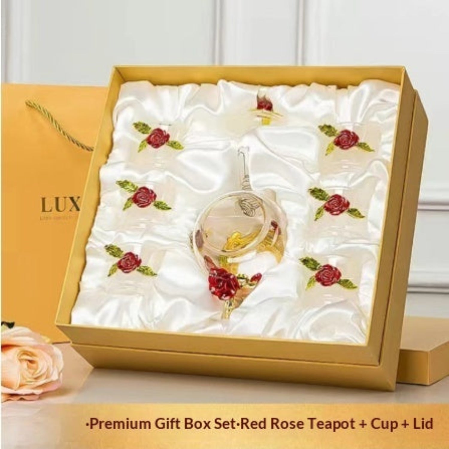 Tea set in package on white background