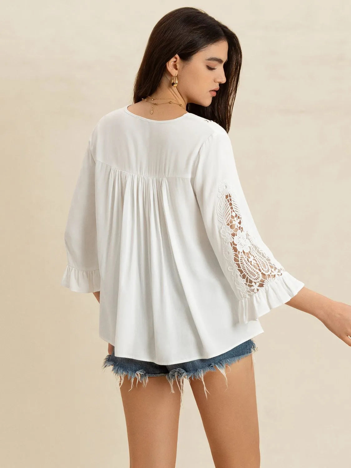 Enchanted Lace Flounce Sleeve V‑Neck Top – Back View