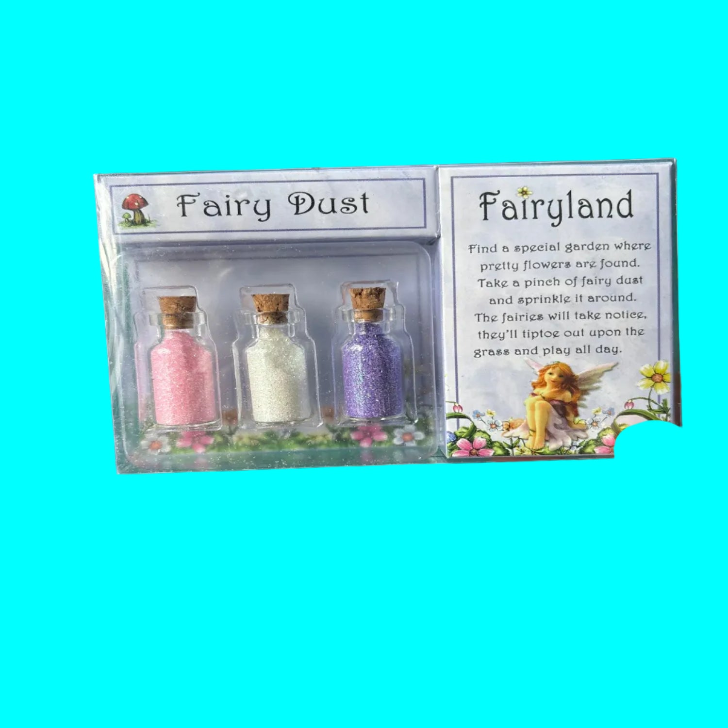 Fairy dust set with bottles labeled 'Fairy Dust' and 'Fairyland' against a green background.