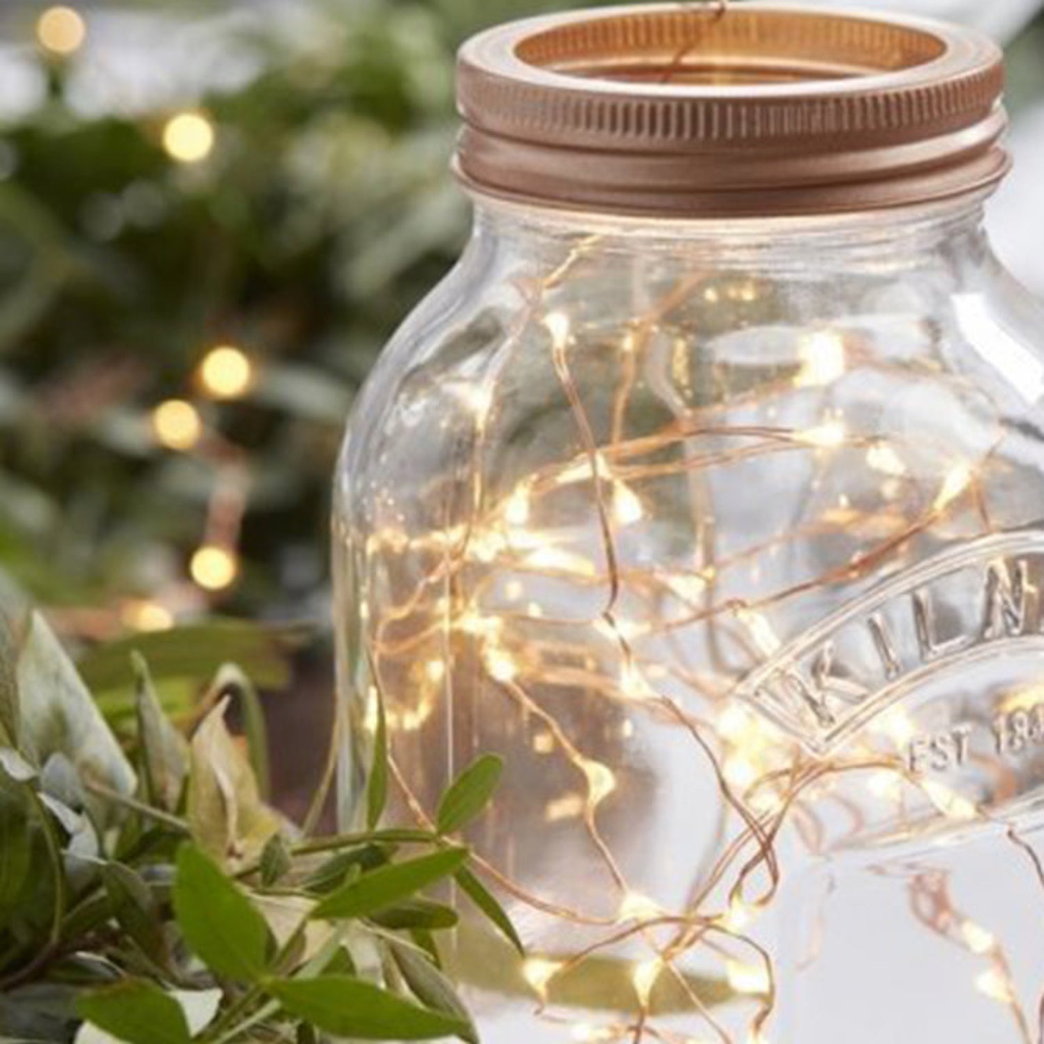 Mason Jar filled with a strand of fairy lights with blurred plant background