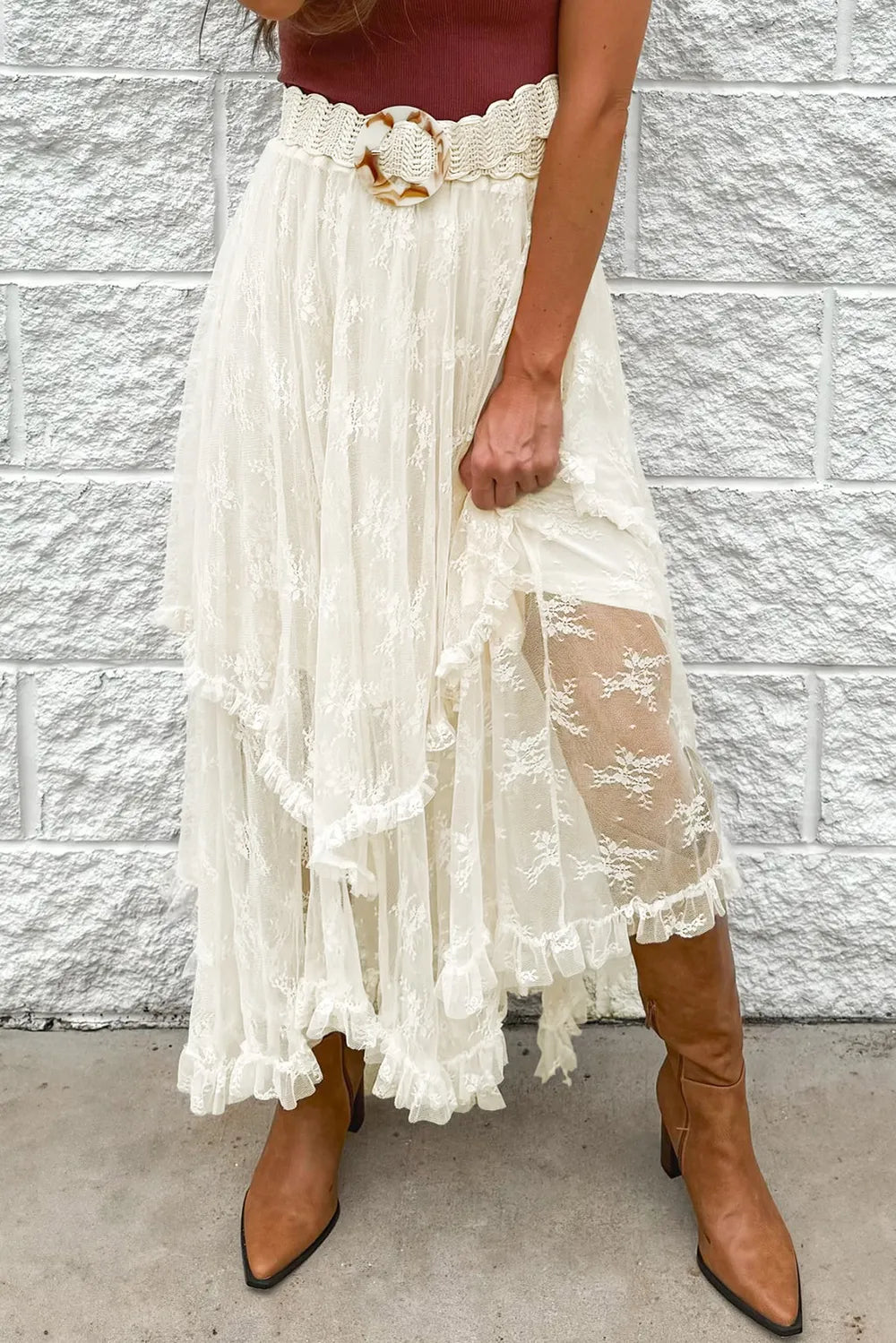 Second front view of the ivory tiered lace midi skirt highlighting delicate lace layers and airy movement.