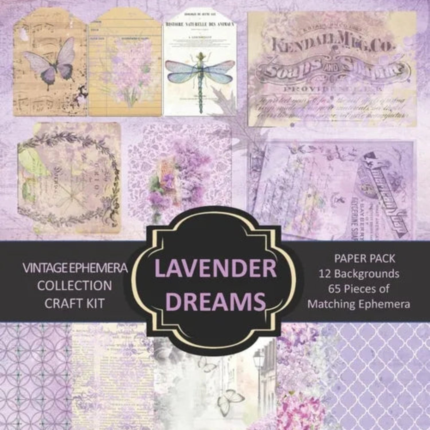 Vintage ephemera collection craft kit with 'Lavender Dreams' theme on a purple background.