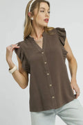 Front view of the Linen Ruffle Sleeve Button‑Down Top in Coffee Brown showing ruffle sleeves and relaxed button‑down fit.
