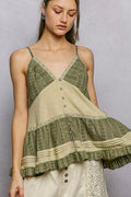 Front view of the Pale Sage ruffled pintuck button‑front cami showing ruffled straps and relaxed fit.