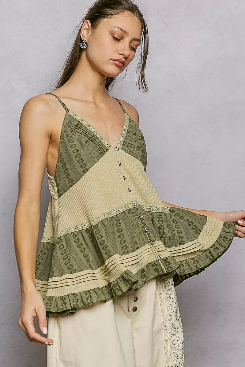 Right side view of the Pale Sage ruffled pintuck cami highlighting ruffled straps and side silhouette.