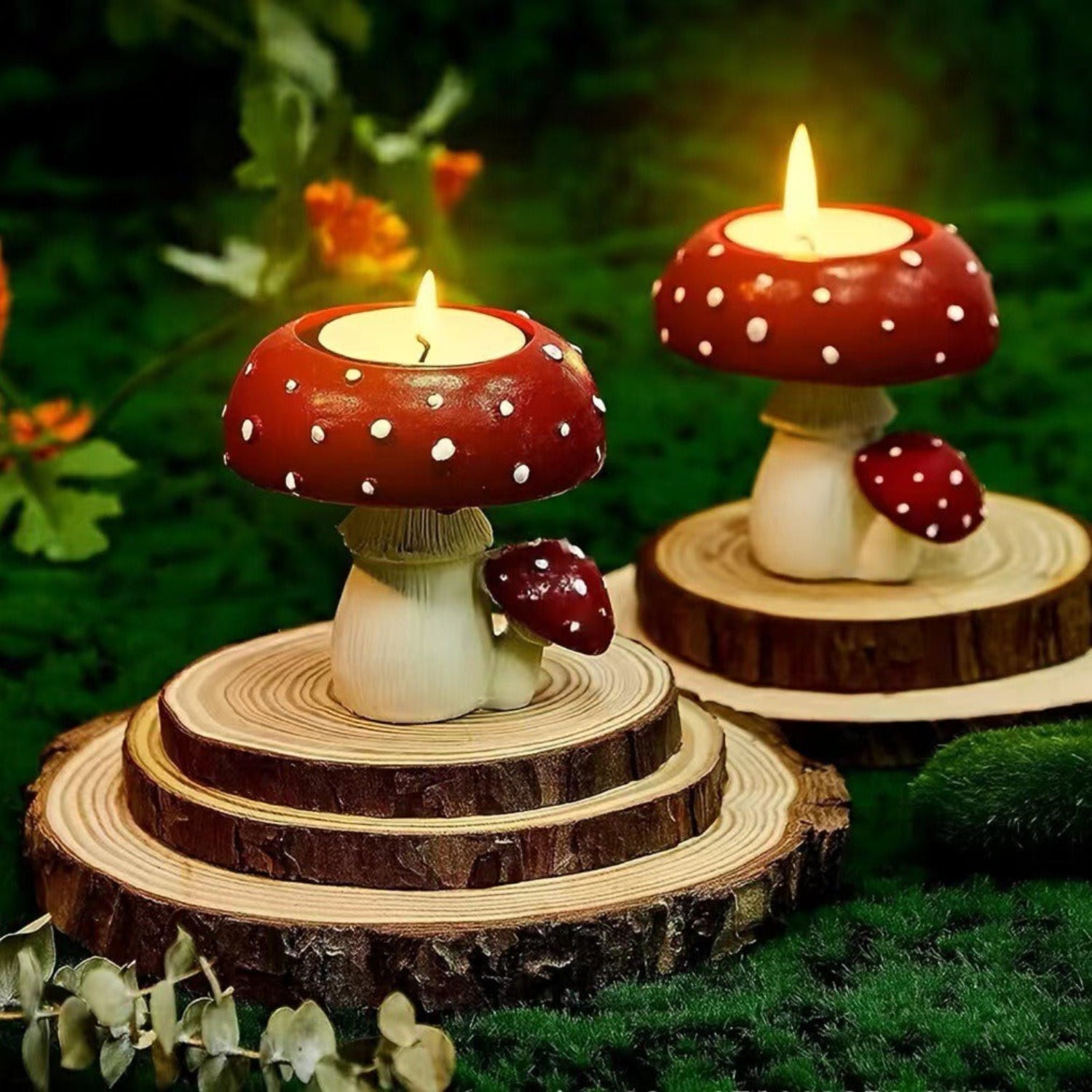 toadstool votive holders with candles lit on forest background