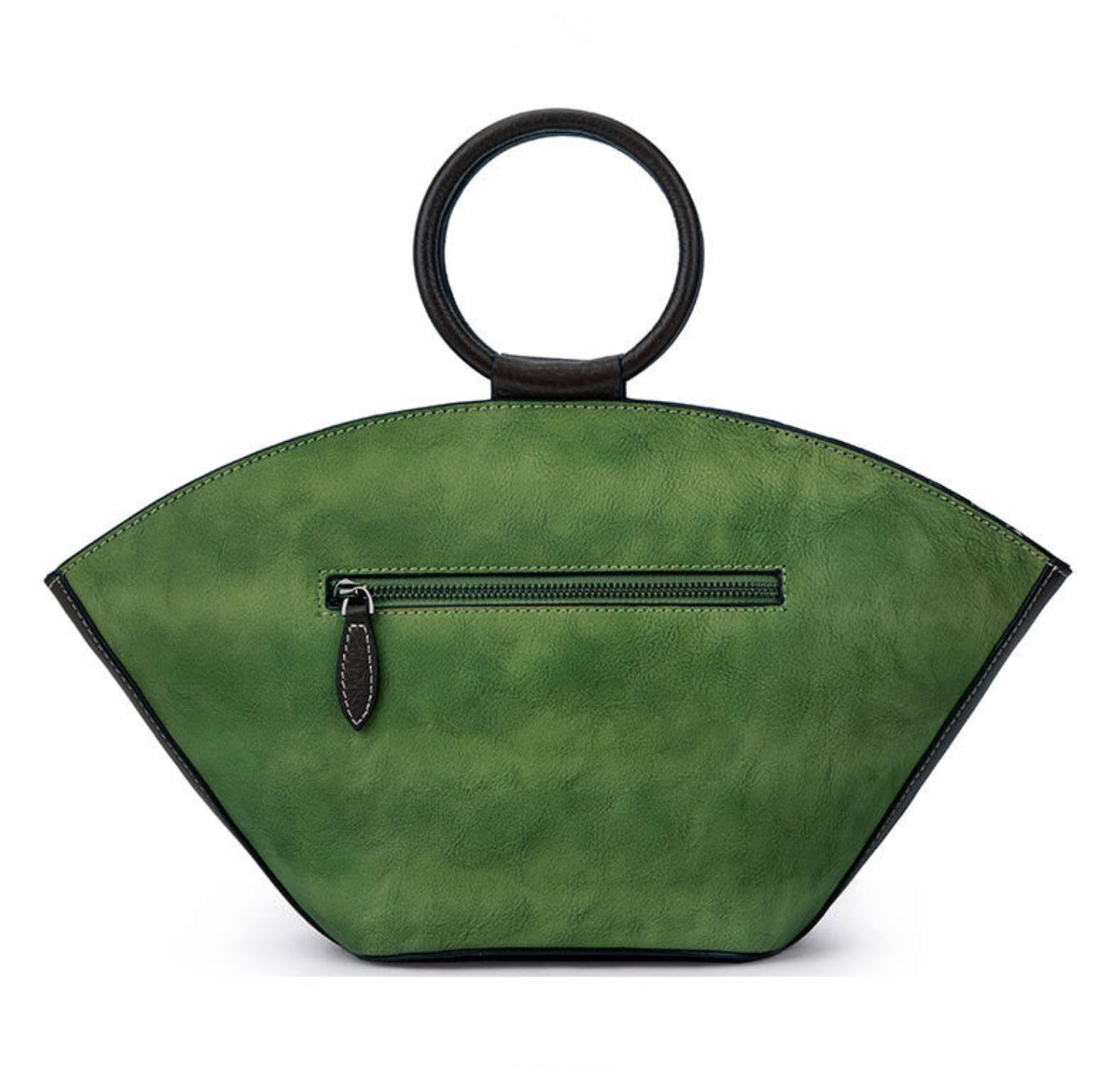 back view of a vintage‑style leather Boston bag with an embossed flower inside a bottle‑shaped motif.”