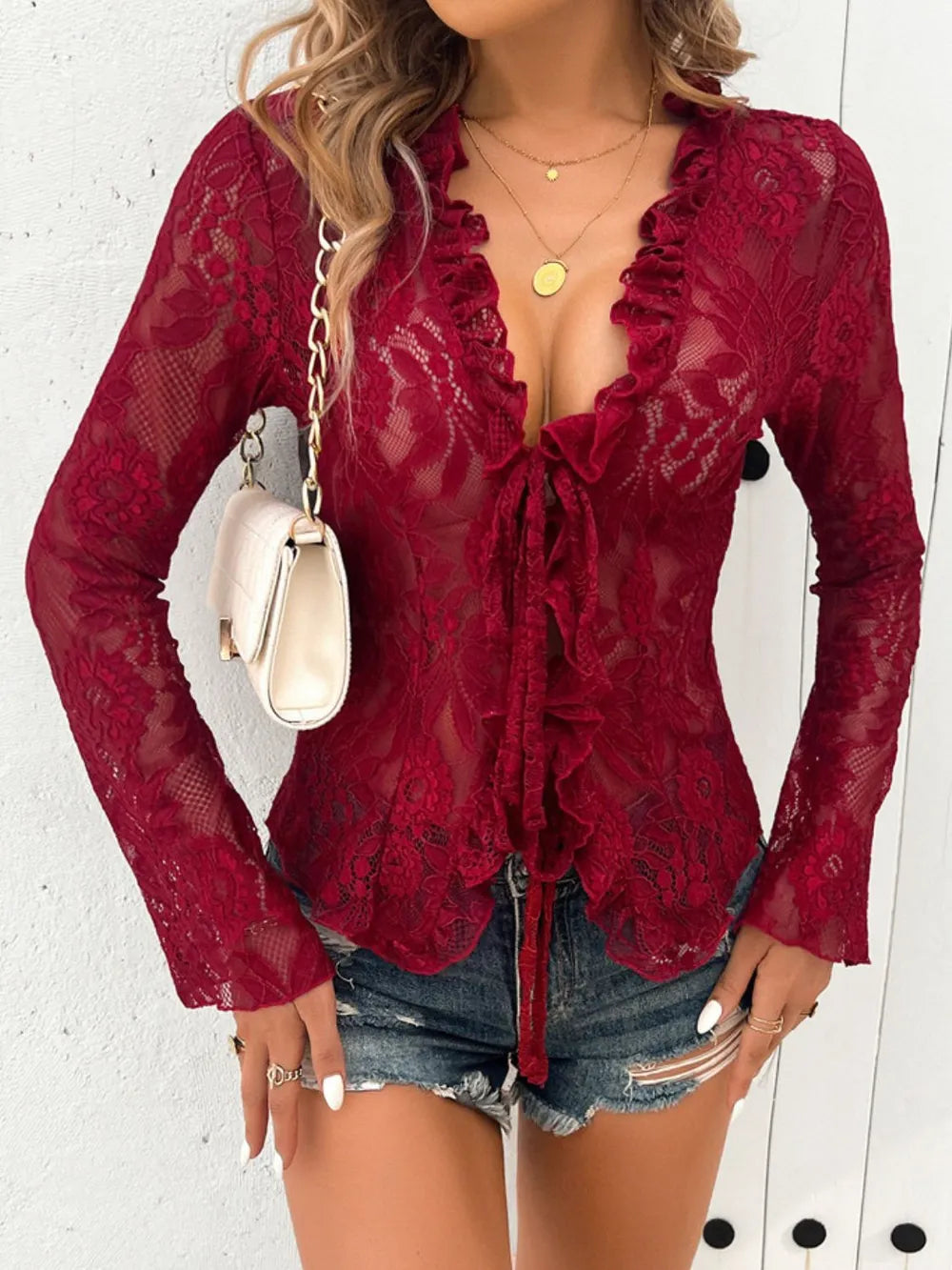 lipstick-red-lace-tied-vneck-blouse-front