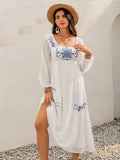 Model wearing the printed square‑neck balloon sleeve dress from the front, showing the floral pattern and lined silhouette.