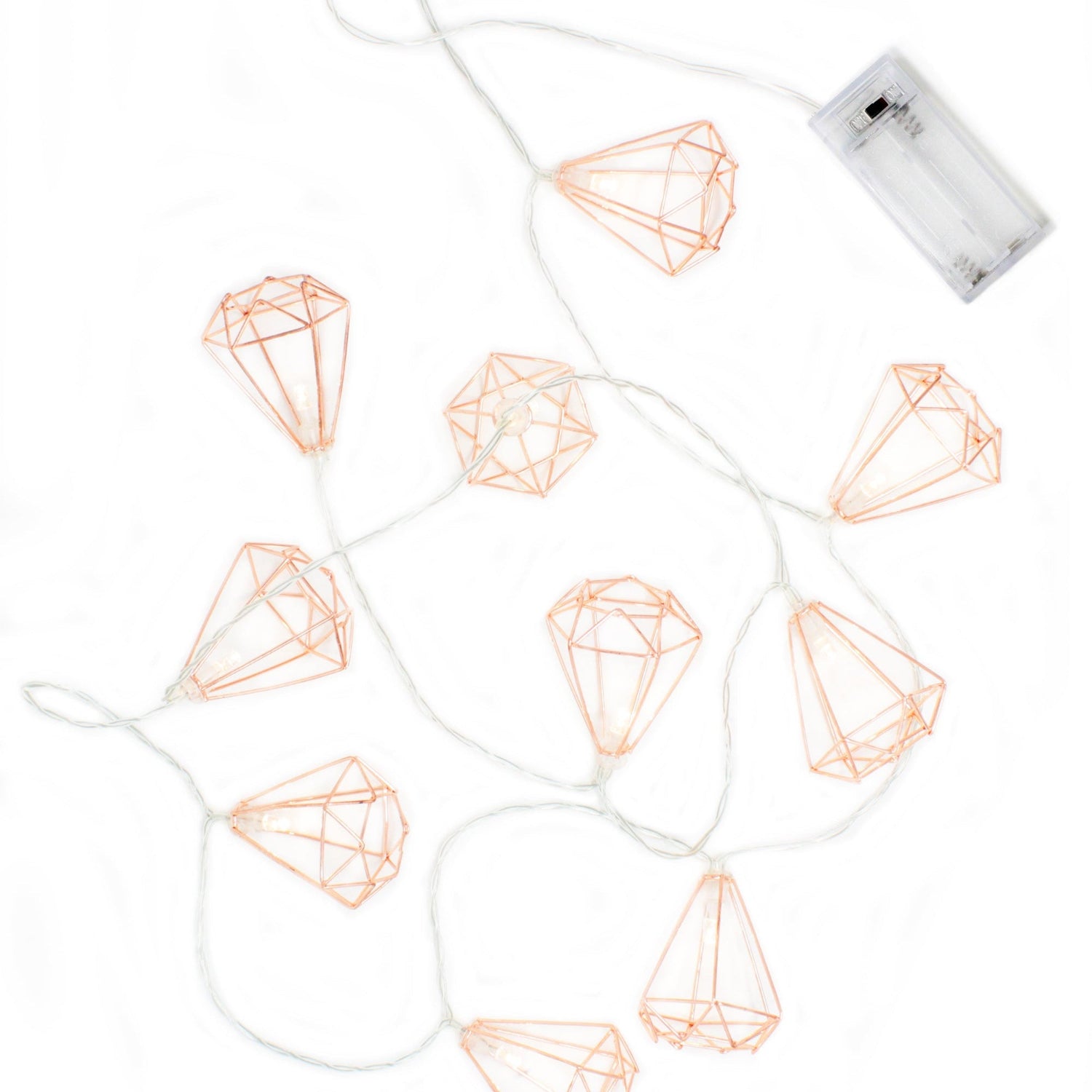 String lights with geometric diamond design on a white background
