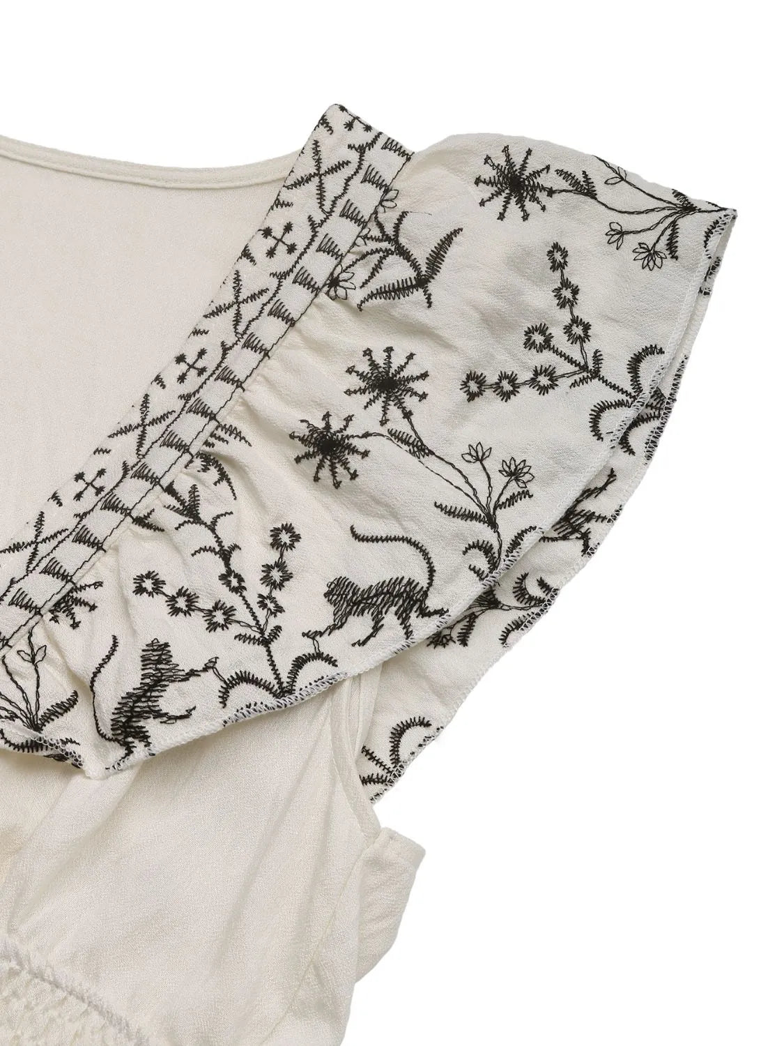 Close-up of the ruffled cap sleeve on the Woodland Muse dress, showing the delicate stitching and soft print.