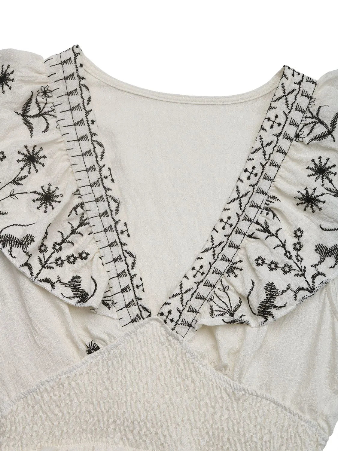 Close-up of the front V‑neckline on the Woodland Muse dress, highlighting the smocked texture and gentle print.